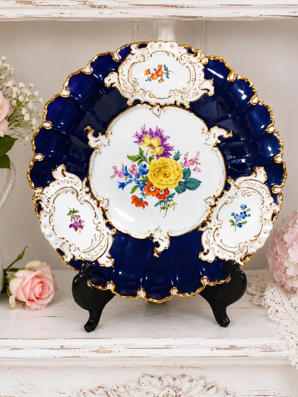 HUGE MEISSEN PORCELAIN B Form Plate Bowl Cobalt Blue Flower 23K Gold Encrusted